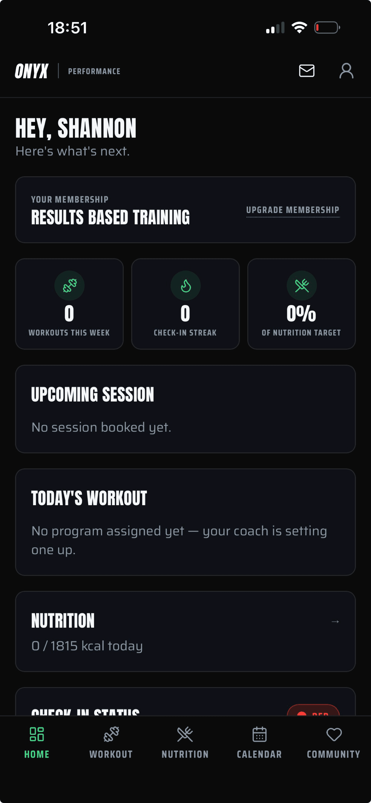 Onyx Performance app home screen showing membership and today's overview