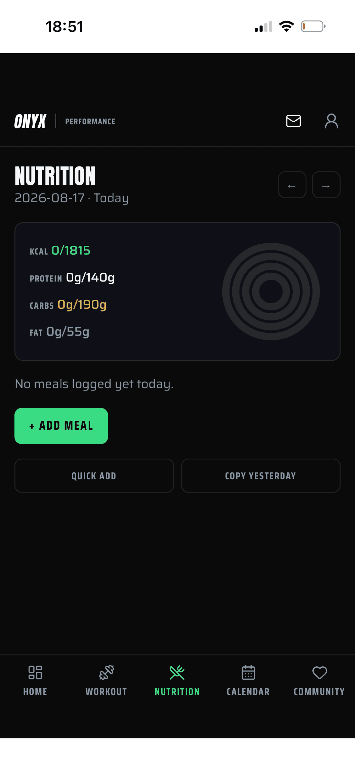 Onyx Performance app nutrition screen showing calorie and macro targets