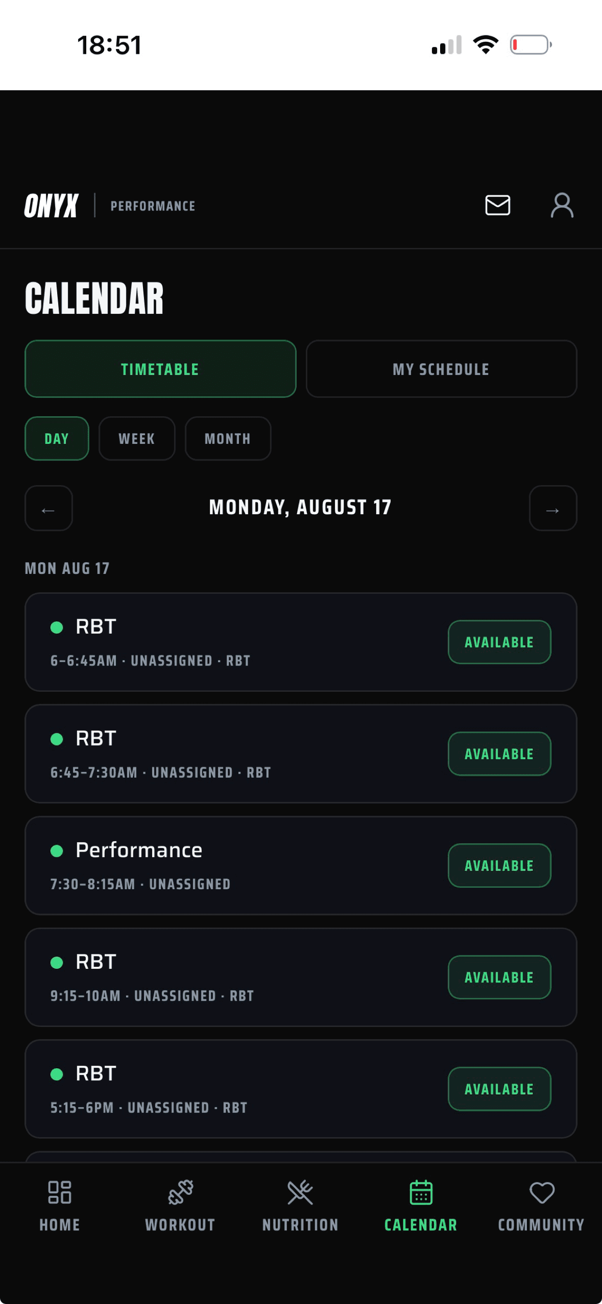 Onyx Performance app timetable screen showing today's sessions with availability
